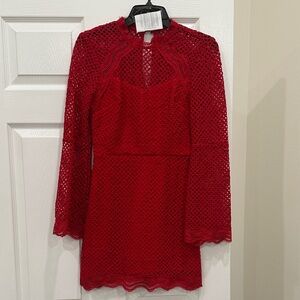 Aqua Red Long Sleeve Lace Dress